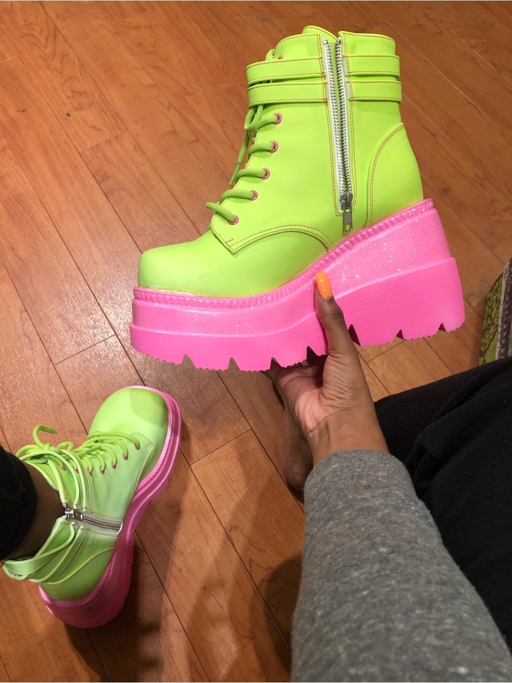Neon Green and Pink Platform Combat demonia Boots - Women - Picture 3 of 3